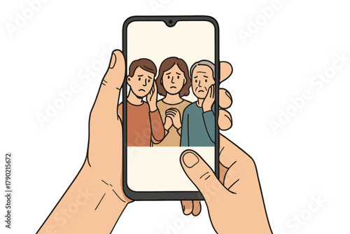 Hands holding a smartphone displaying a video call with three worried family members