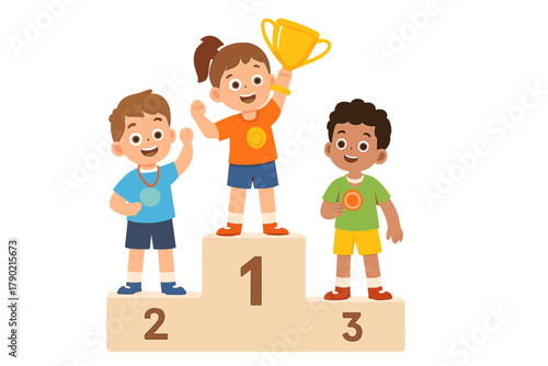 Cheerful kids celebrating achievement on a three-tiered winners podium holding a golden trophy