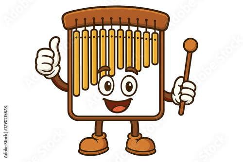 Happy cartoon chime instrument character giving a thumbs up gesture and holding a mallet