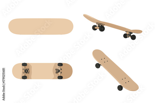 Four views of a blank wooden skateboard deck with trucks and wheels isolated on a white background