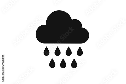 Minimalist black and white weather icon showing a rain cloud and heavy drops