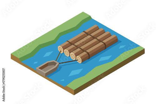 Wooden log raft floating down a river pulled by a small boat near green banks