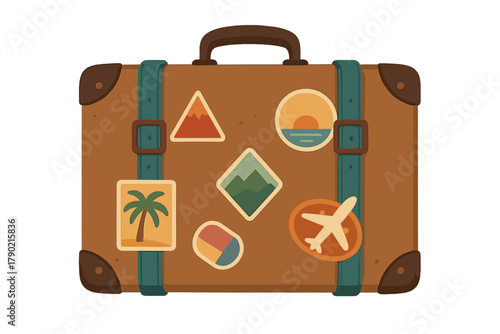 Vintage brown suitcase adorned with colorful travel stickers and teal straps for travel