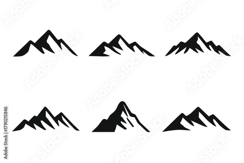 Six distinct black mountain peak silhouettes isolated on a white background for logo design and outdoor themes
