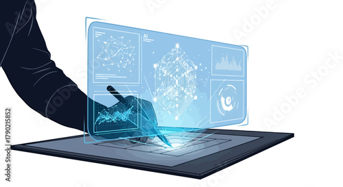 Professional hand interacting with futuristic AI interface, digital data, virtual reality and technology concept, innovative solution, machine learning