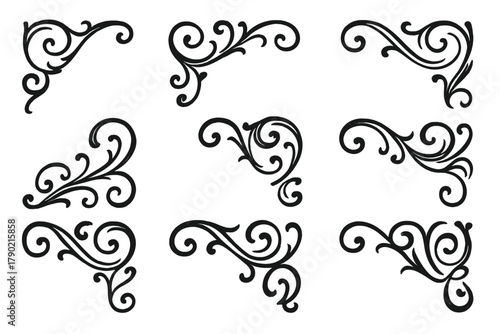Set of nine vintage ornamental corners and decorative flourishes for elegant design accents