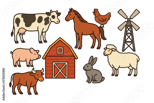 Set of farm animals and agricultural structures including barn and windmill