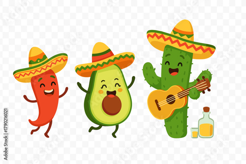 Funny cartoon characters celebrating Cinco de Mayo with chili pepper avocado and cactus playing guitar