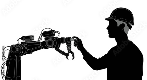 Innovative worker interacts with cutting-edge AI robotic arm for enhanced efficiency and precision in modern manufacturing processes today
