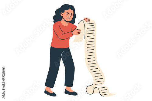 Frustrated woman holding an extremely long paper list symbolizing overwhelming debt or workload