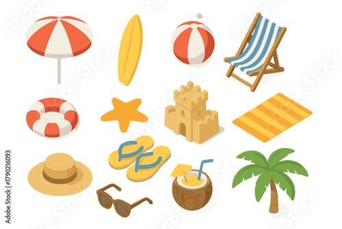 Isometric set of summer vacation and beach essentials including umbrella, deck chair, and surfboard