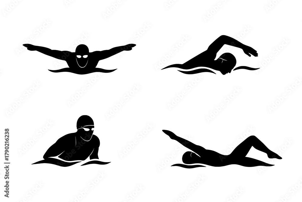 Naklejka premium Four stylized black silhouettes of swimmers performing competitive strokes and water poses