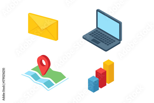 Isometric icons for business communication, technology, location services, and data analysis