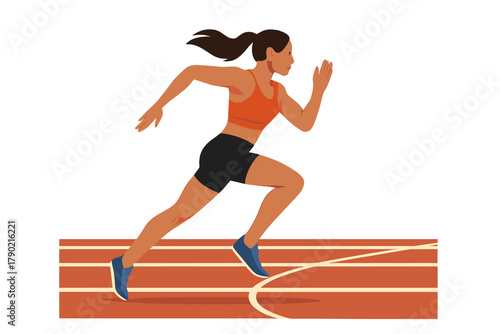 Determined female sprinter running fast on an athletic track during a competitive race