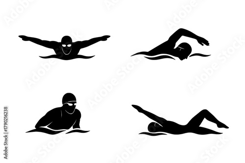 Four stylized black silhouettes of swimmers performing competitive strokes and water poses