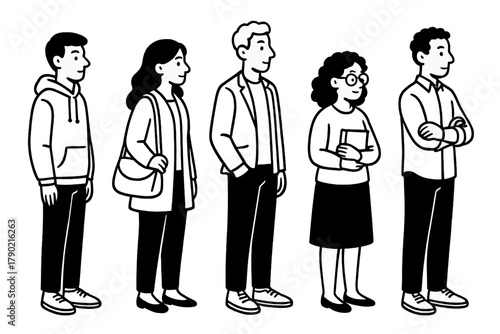 Diverse group of five people standing in line waiting patiently in profile view