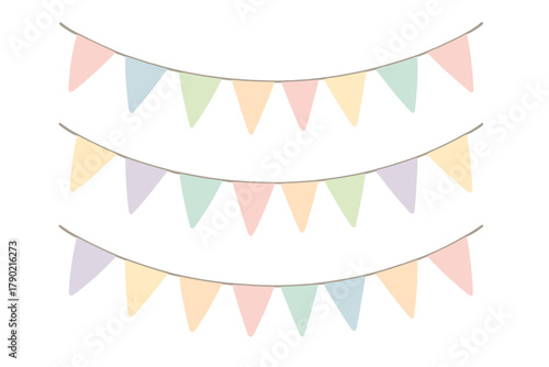Three rows of soft pastel colored party bunting flags hanging on strings isolated on white