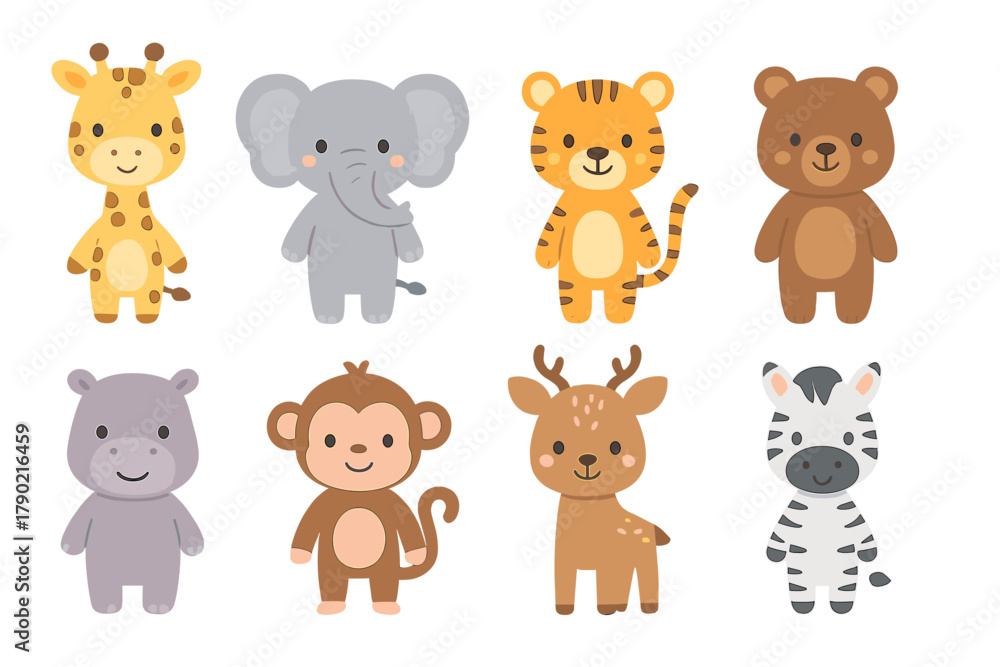 Naklejka premium Collection of cute safari and forest animals including giraffe elephant tiger bear and monkey