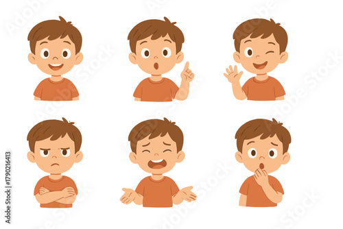 Cute little boy character set showing six different facial expressions and gestures