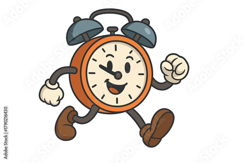 Cheerful cartoon alarm clock character jogging quickly symbolizing time urgency