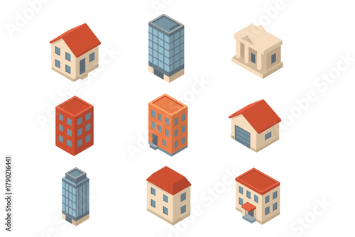 Isometric collection of various city buildings including residential houses, apartment blocks, and commercial structures
