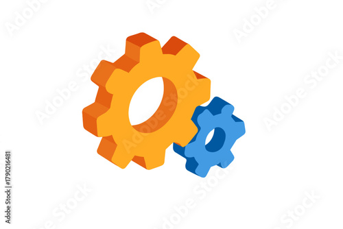 Isometric orange and blue gears symbolizing settings, configuration, and mechanical process