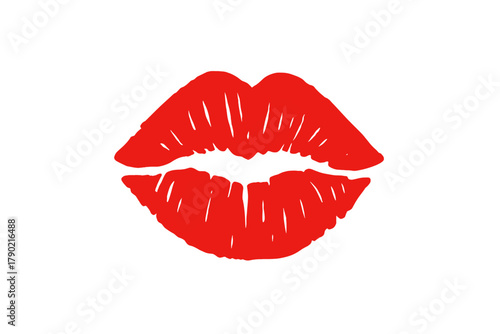 Sensual bright red lip print mark isolated on white background symbolizing passion and romance