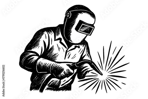 Skilled worker welding metal while wearing protective gear and helmet in black and white style