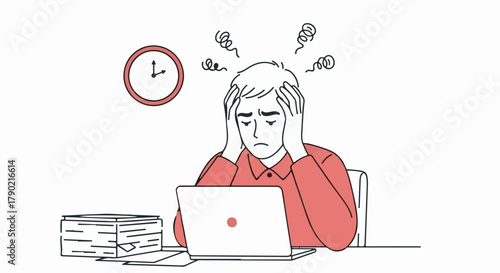 Burnout and stress concept illustration of overworked employee working late under deadline pressure