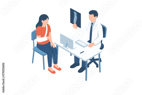 Medical professional showing -ray to patient with fractured arm injury during an orthopedic examination