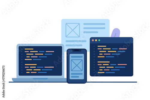 Coding and responsive web design concept displayed on laptop, smartphone, and browser
