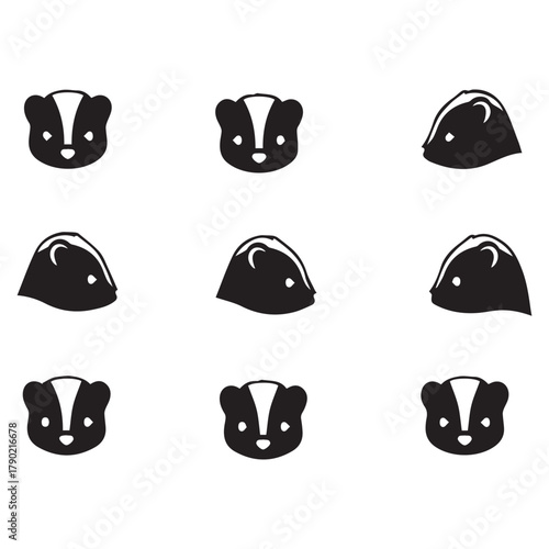 Skunk face silhouette, skunk head vector art, striped skunk face silhouette, skunk head vector art, striped animal face vector, black animal head silhouette design, wildlife animal logo concept,