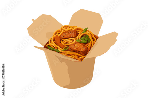 Stir-fried noodles with meat and fresh vegetables in brown paper takeout container on white