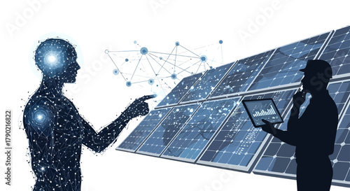 Futuristic solar energy design with AI integration for sustainability solutions and innovative technology, showing a clean energy future with expert oversight