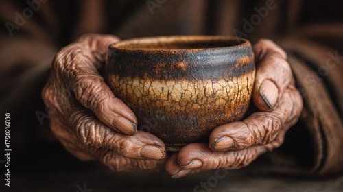 Elderly wrinkled hands gently cradling a rustic ceramic bowl, showcasing intricate textures and warm earth tones, embodying the beauty of age and craftsmanship with copy space