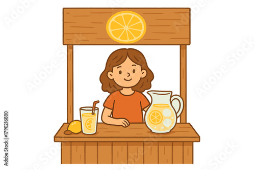 Young girl selling homemade lemonade at a rustic wooden stand during summer