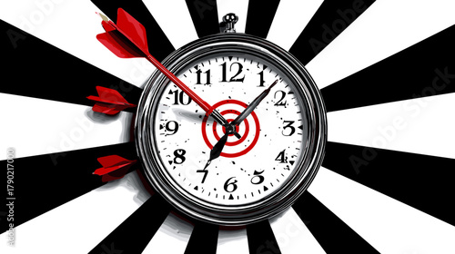 Clock with Red Darts on Target Against Black and White Background