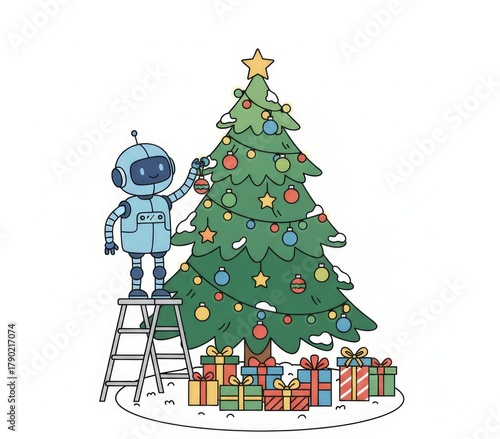 Robot Decorates Christmas Tree with Gifts and Ornaments