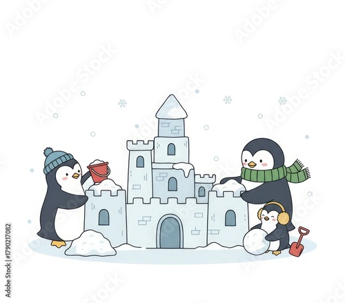 Cute Penguins Building Snow Castle in Winter Wonderland Scene