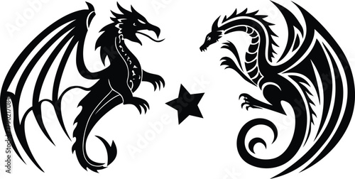 Two tribal fantasy dragons facing each other with spread wings and a star symbol vector illustration for tattoo and gaming design.