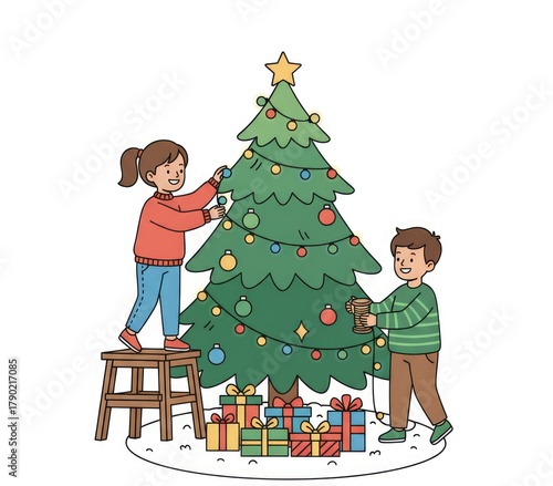 Children Decorating Christmas Tree with Ornaments and Gifts