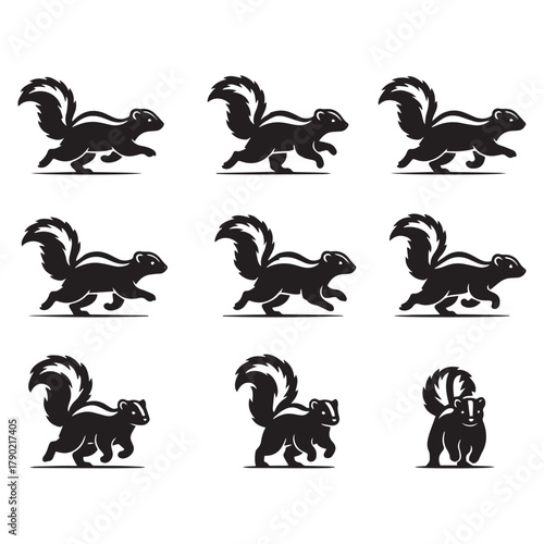 running skunk silhouette, skunk running vector art, skunk silhouette illustration, striped animal silhouette set, wildlife animal movement vector, forest skunk outline artwork, woodland creature 