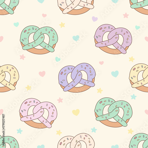 Kawaii Pastel Pretzel Pattern. Sweet Pretzel Vector. Pastel Pretzel Love: Seamless Background.