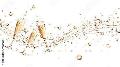 Champagne Glasses with Musical Notes and Bubbles