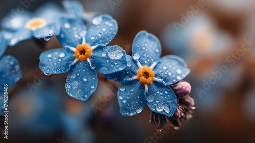 Delicate blue flowers adorned with raindrops create serene and refreshing atmosphere
