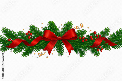 Christmas tree garland on transparent background, vector illustration. Realistic pine tree branches with red bow and ribbons. Decoration for holiday banners, party posters, cards, headers. 