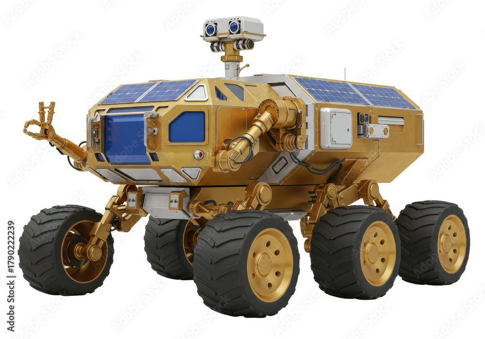 Obraz premium Isolated rover on six wheels, space exploration, gold color, digital rendering, futuristic vehicle