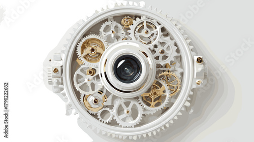 Intricate Gear and Lens Mechanism in White and Gold