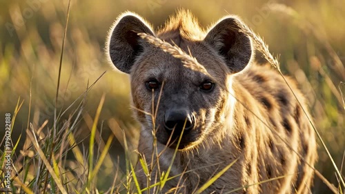 Golden hyena wildlife in Africa grassland safari at sunrise and sunset, alert calm predator scene