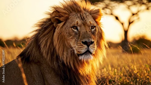 Majestic lion with golden mane savanna sunset wildlife portrait of wild African predator serene